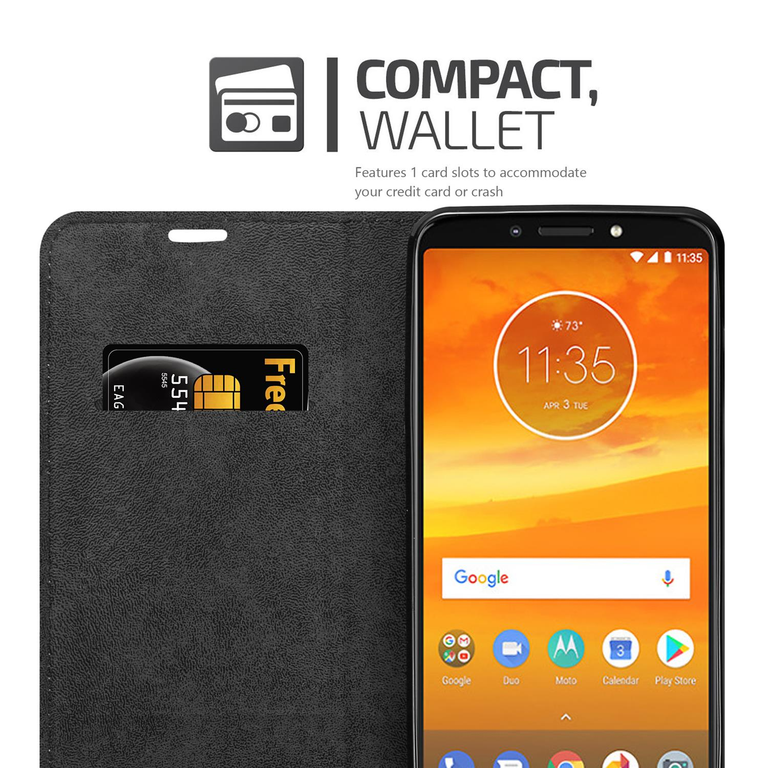 Una custodia per telefono nera in stile portafoglio con un telefono all'interno. Una carta è nello slot. Testo: 'COMPACT, WALLET' e 'Free'.