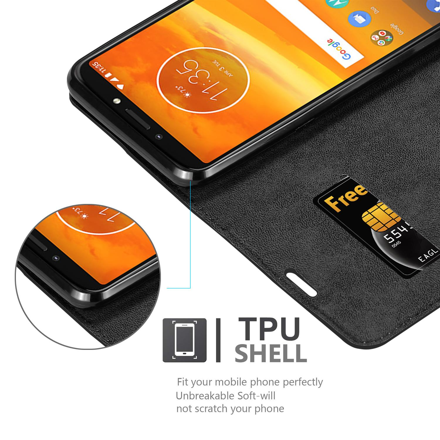 Schwarzes Handycase mit Telefon darin. Zeigt den Bildschirm des Telefons und einen SIM-Kartenhalter. Text: TPU SHELL.