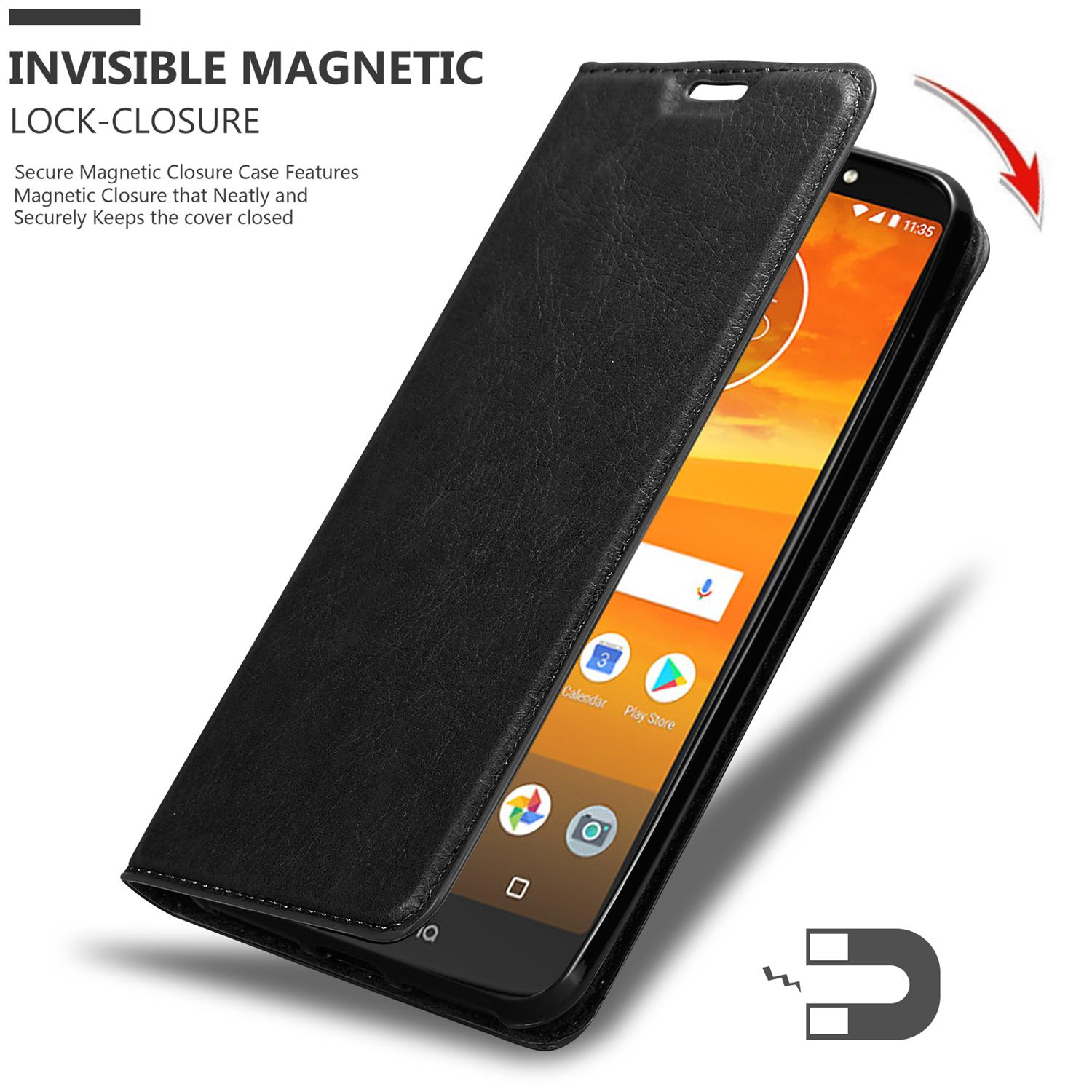 Schwarze Handyhülle, offen, mit Telefon darin. Der Text lautet 'UNSICHTBARER MAGNETVERSCHLUSS'.