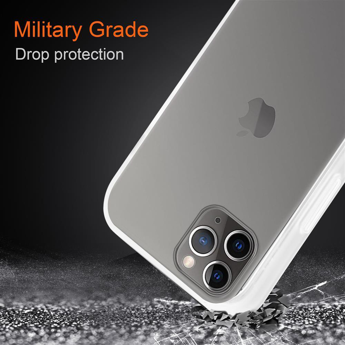 Custodia per telefono con un telefono all'interno. La custodia mostra protezione anticaduta di grado militare, con sfondo incrinato.