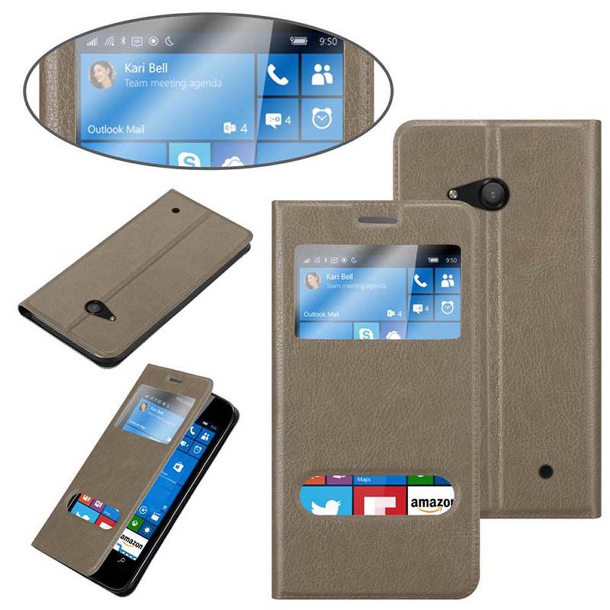 Una custodia per telefono marrone è aperta, che mostra uno schermo del telefono e uno slot per schede. La custodia ha un logo Amazon.