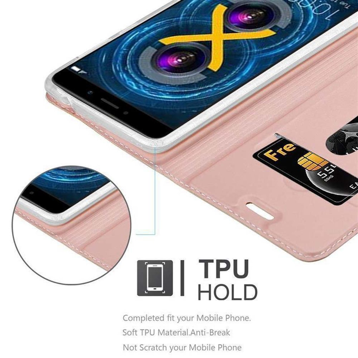 Ein Telefon in einer rosa Hülle, zeigt den Bildschirm und eine Karte. Die Hülle hat Kartenfächer und ein TPU HOLD-Label.