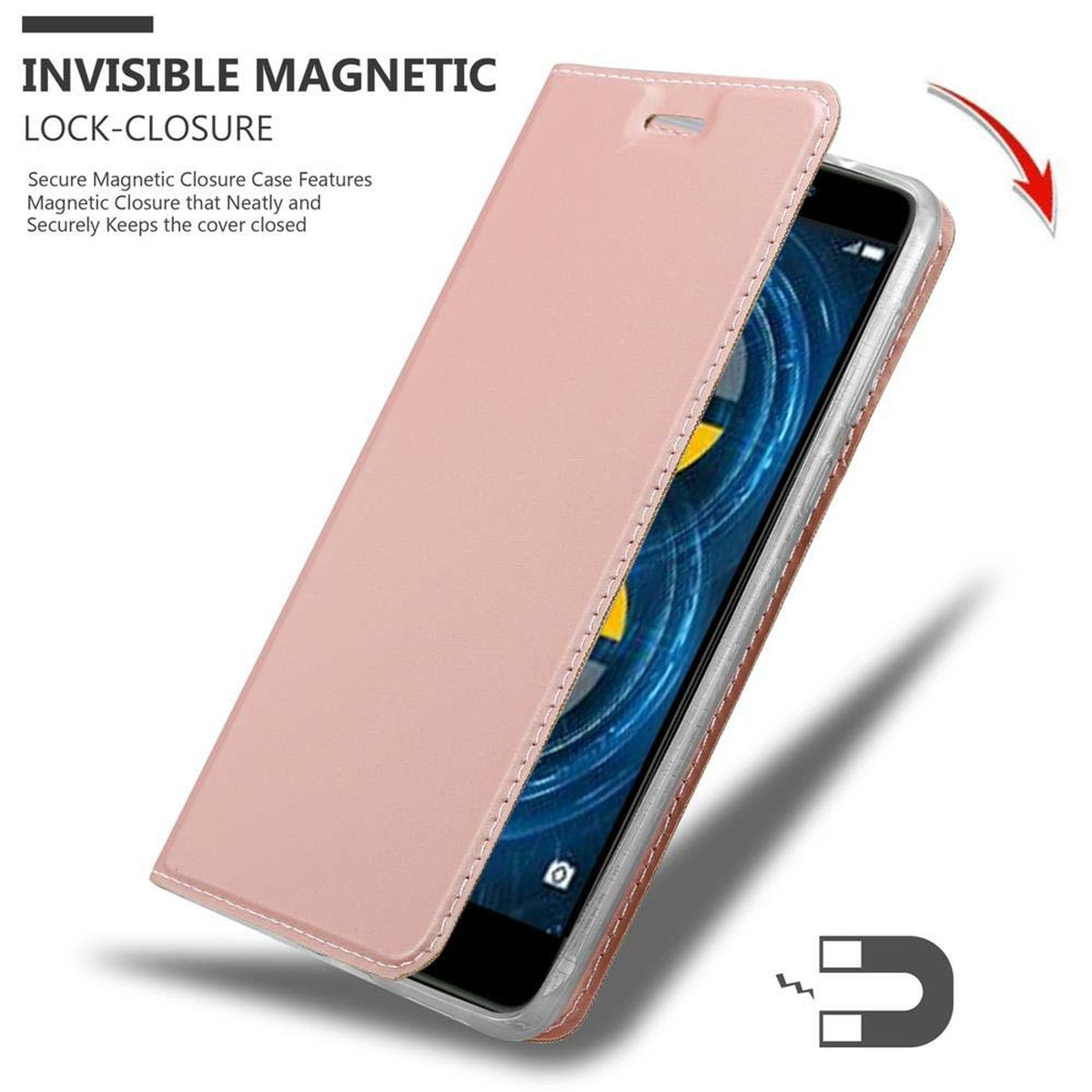 Rosa Handyhülle mit einem Telefon darin. Verfügt über einen unsichtbaren Magnetverschluss.