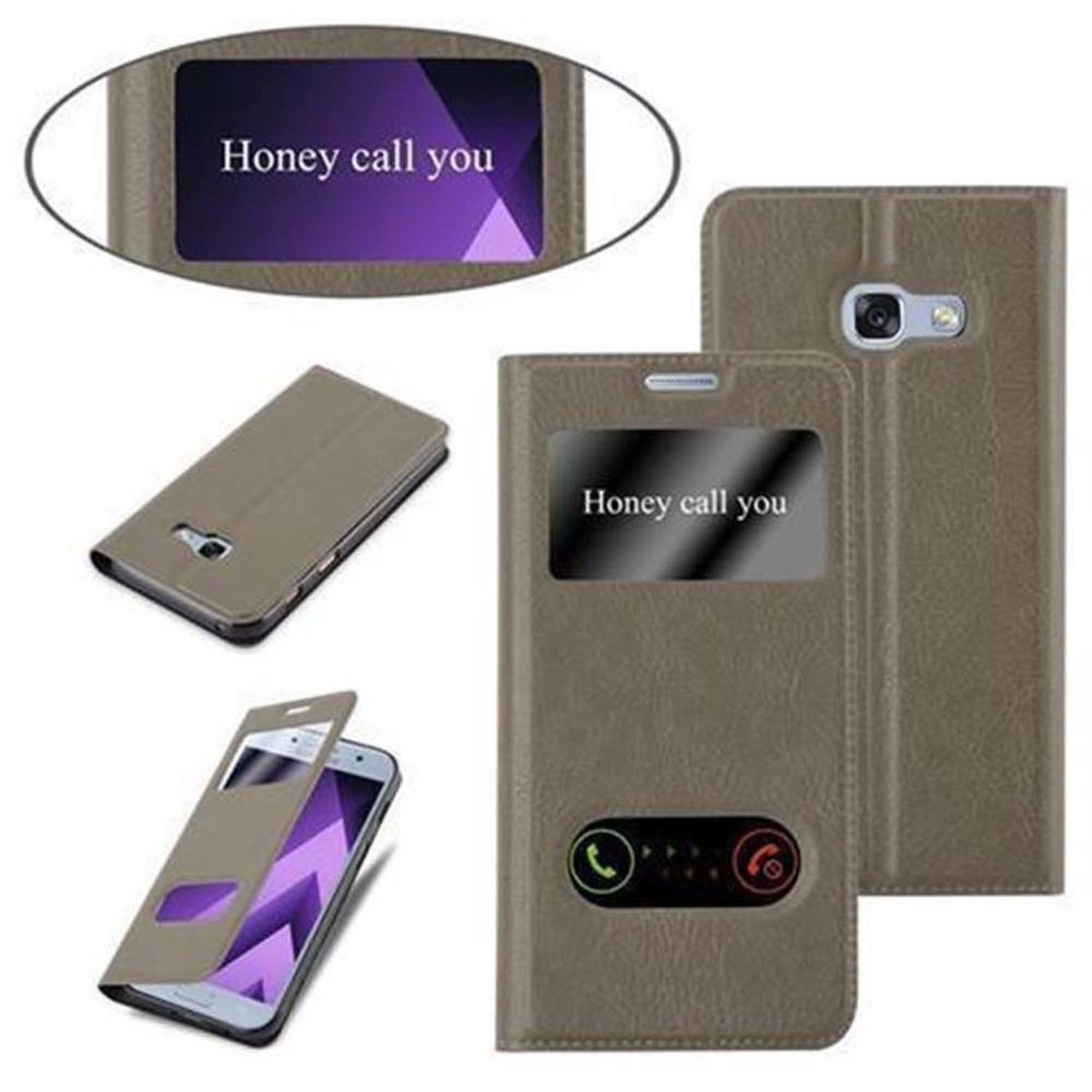 Custodie per telefono in diverse posizioni. Le custodie sono marroni, con una finestra. Il testo recita Honey call you.