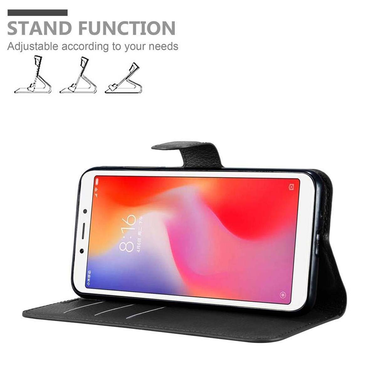 Schwarze Handyhülle mit Telefon. Das Telefon zeigt die Uhrzeit. Verstellbare Standfunktion sichtbar.
