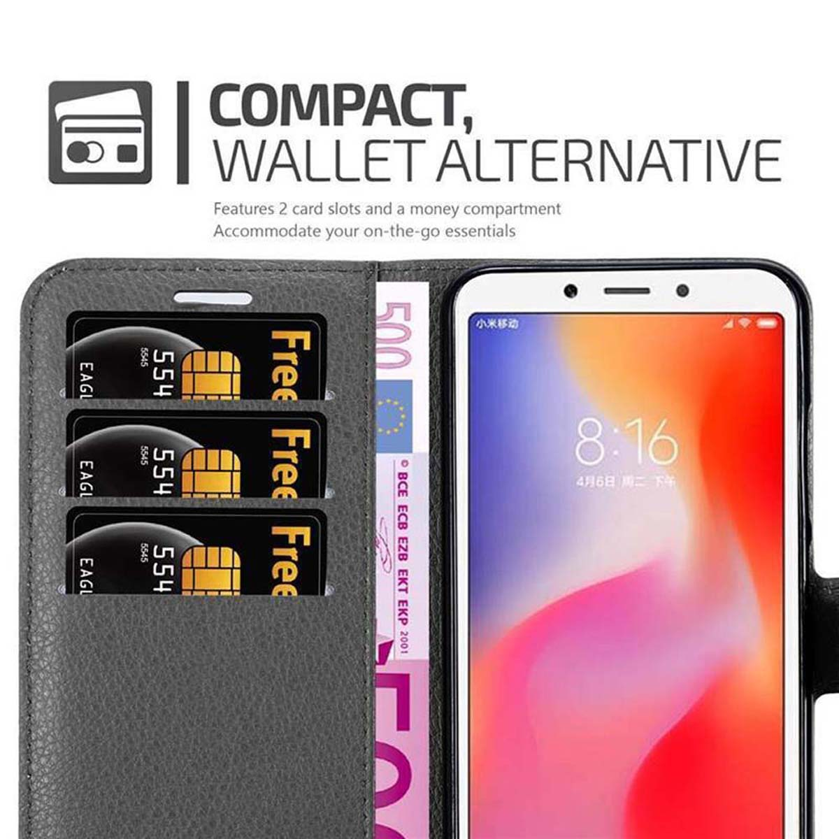 Graues Geldbörsenetui mit Telefon. Karten, Geld und modernes Telefondisplay.