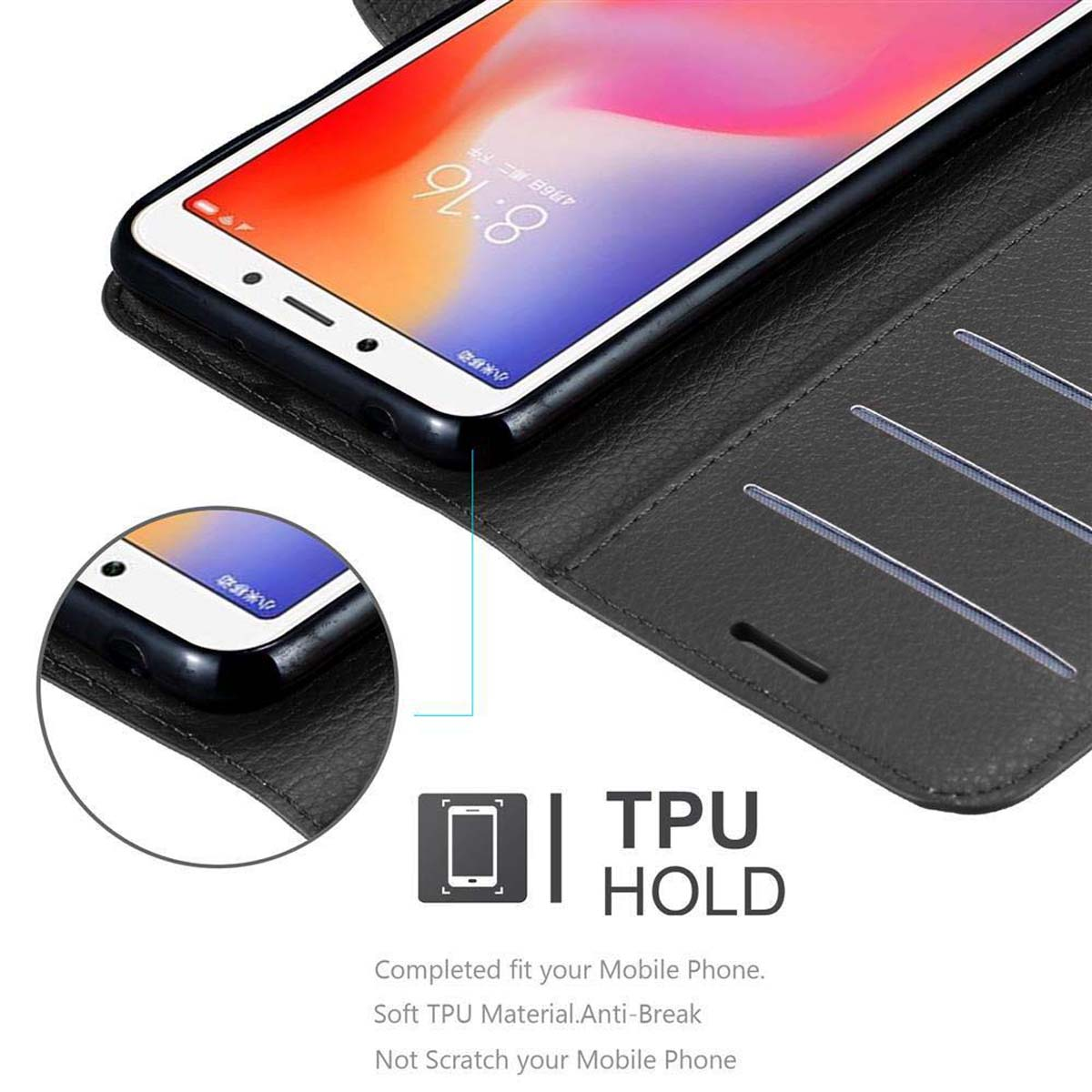 Schwarze Handyhülle mit Telefon, TPU HOLD und Kartenfächern.