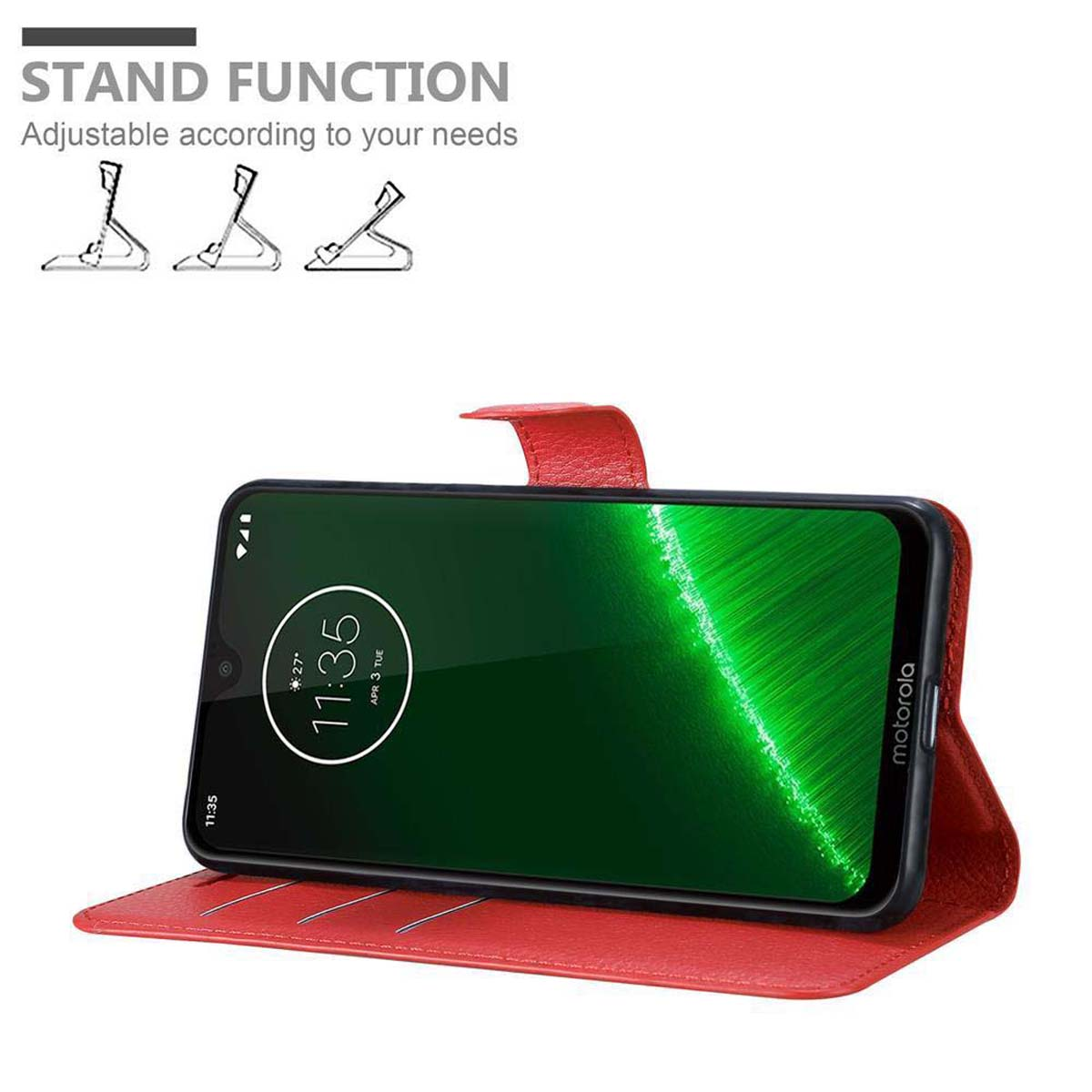 Custodia per telefono rossa con telefono appoggiato. Lo schermo del telefono mostra un'interfaccia verde.