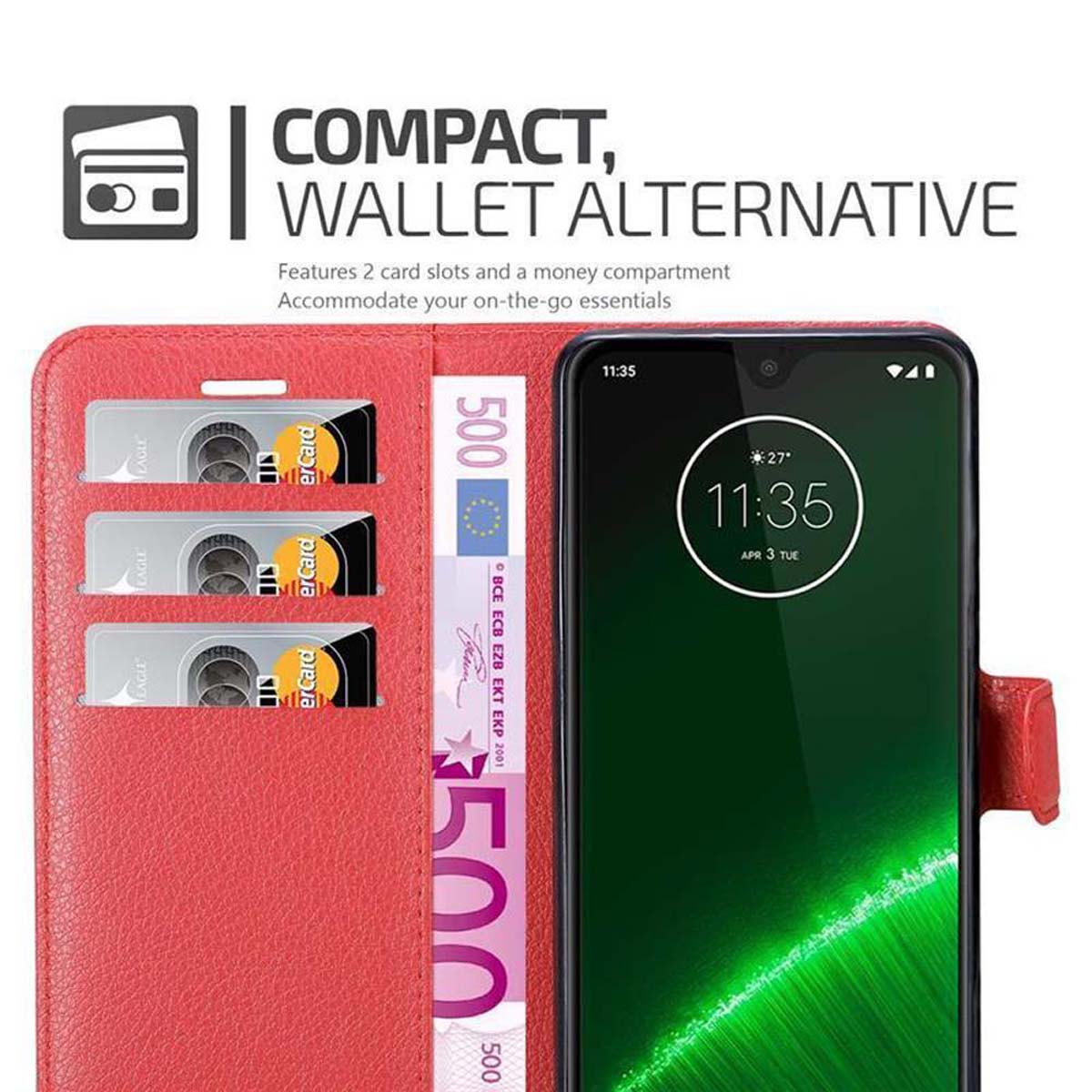 Custodia per telefono rossa aperta con denaro e carte. Telefono sul lato destro.