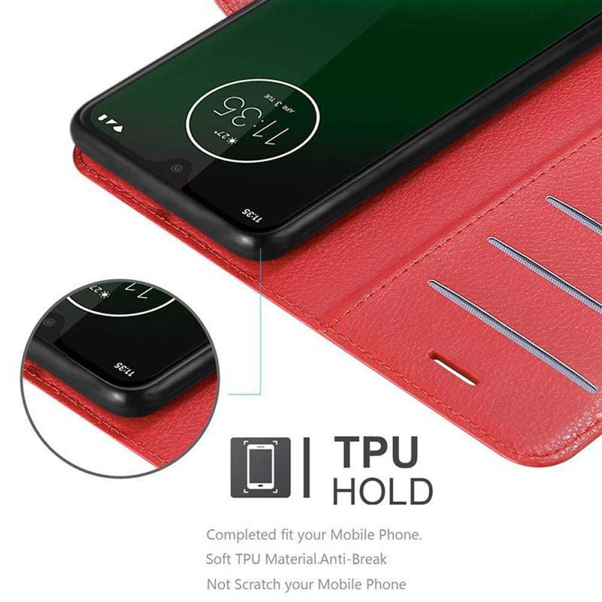 Custodia per telefono rossa aperta con telefono all'interno. La parte posteriore del telefono è mostrata.
