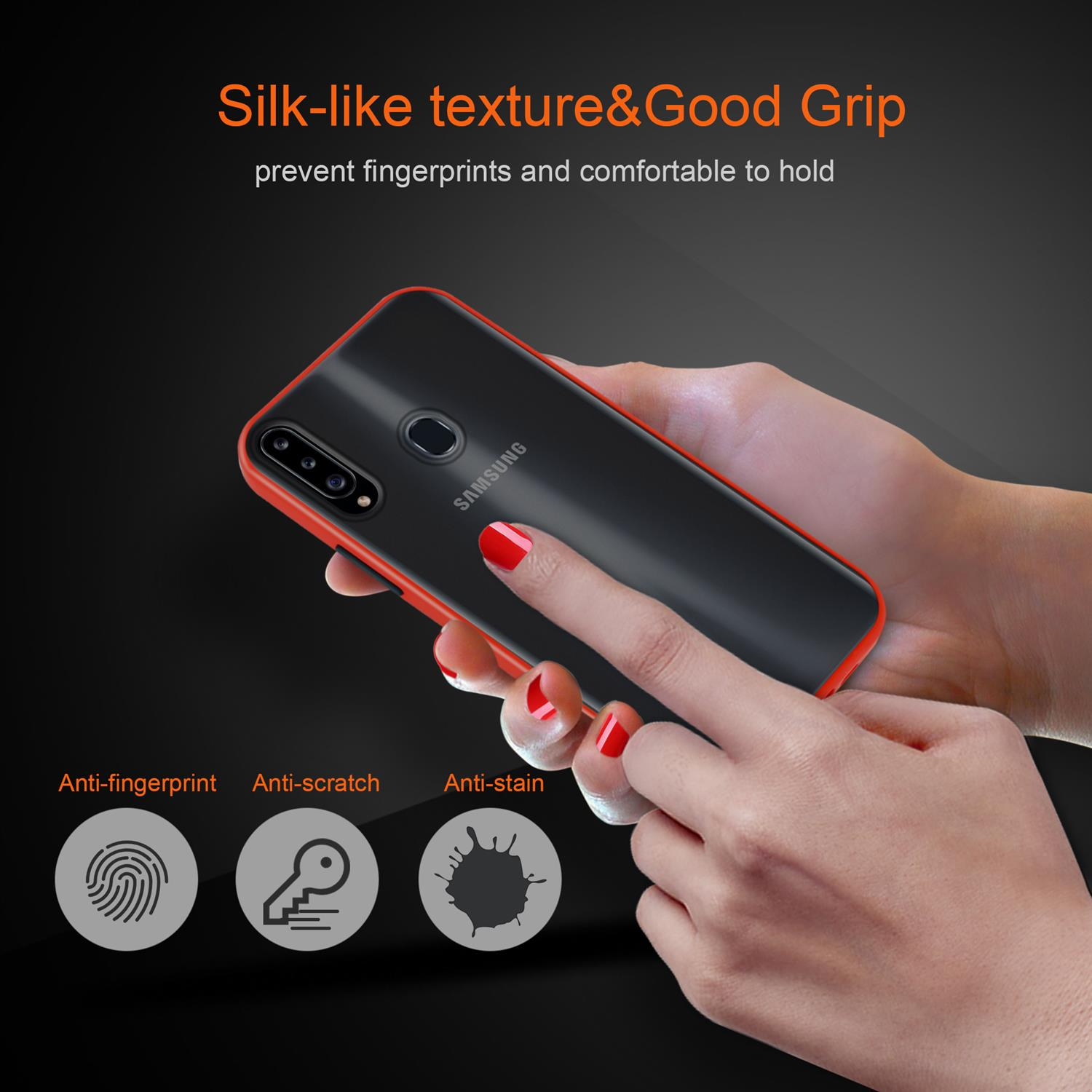 Eine rot umrandete Handyhülle in Händen. Text: Seidenartige Textur & guter Grip, Anti-Fingerprint.