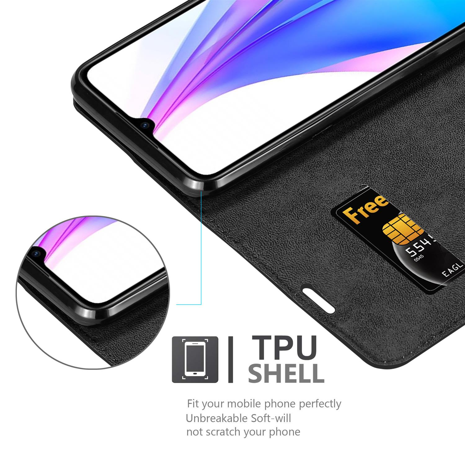 Custodia nera con telefono all'interno. Una SIM è visibile. TPU shell è scritto.