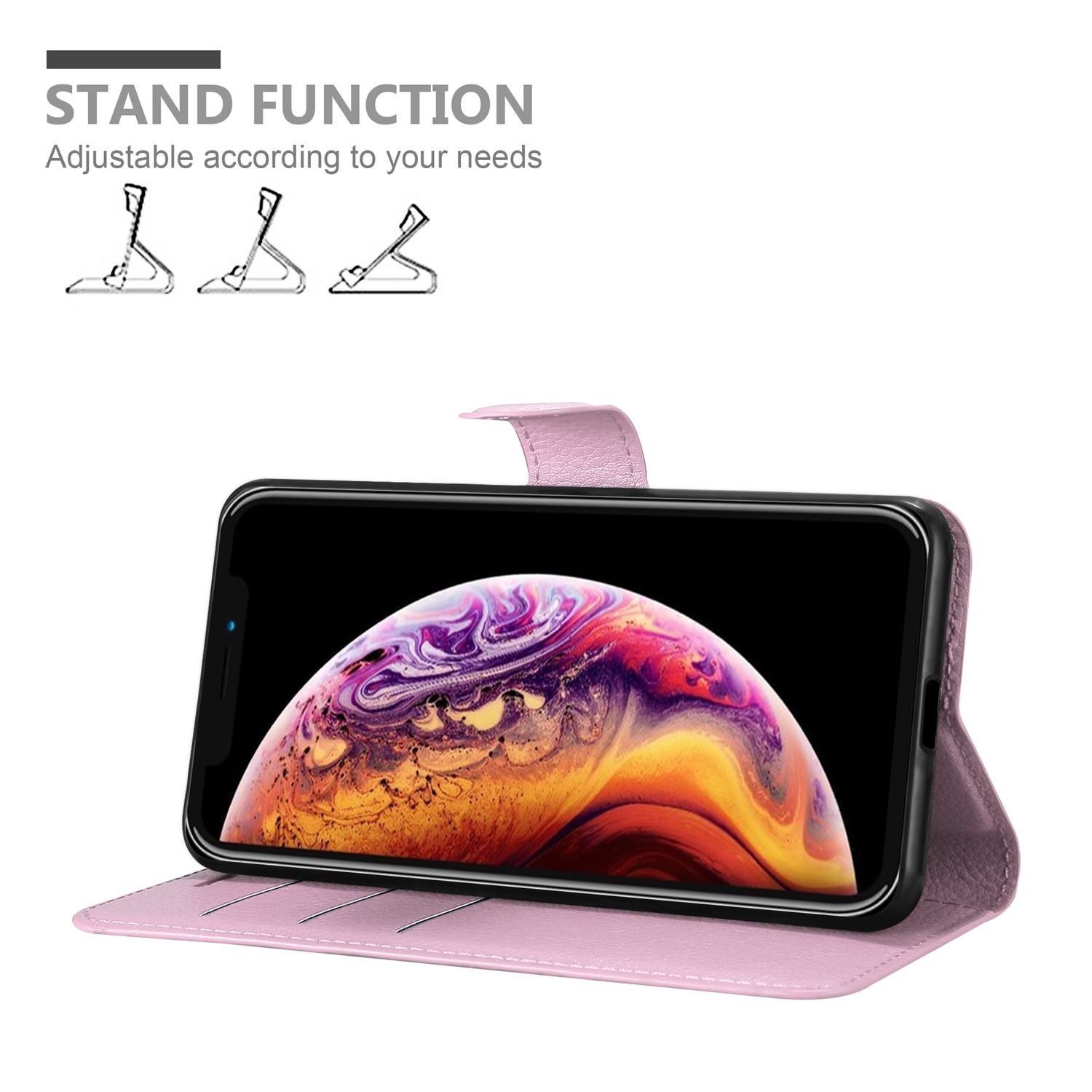 Custodia rosa con telefono in posizione stand. Testo: Funzione stand, regolabile in base alle tue esigenze.