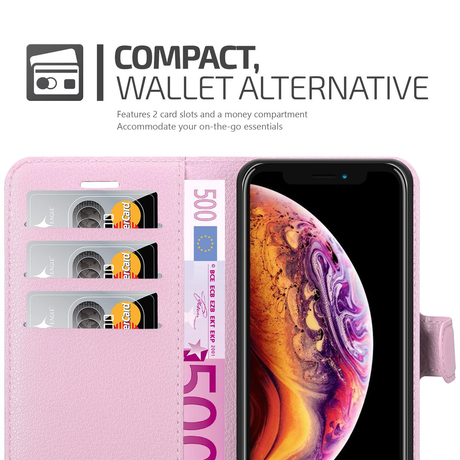 Alternativa al portafoglio rosa con scomparti per carte e denaro al suo interno. Testo: Compatto, Alternativa al portafoglio.