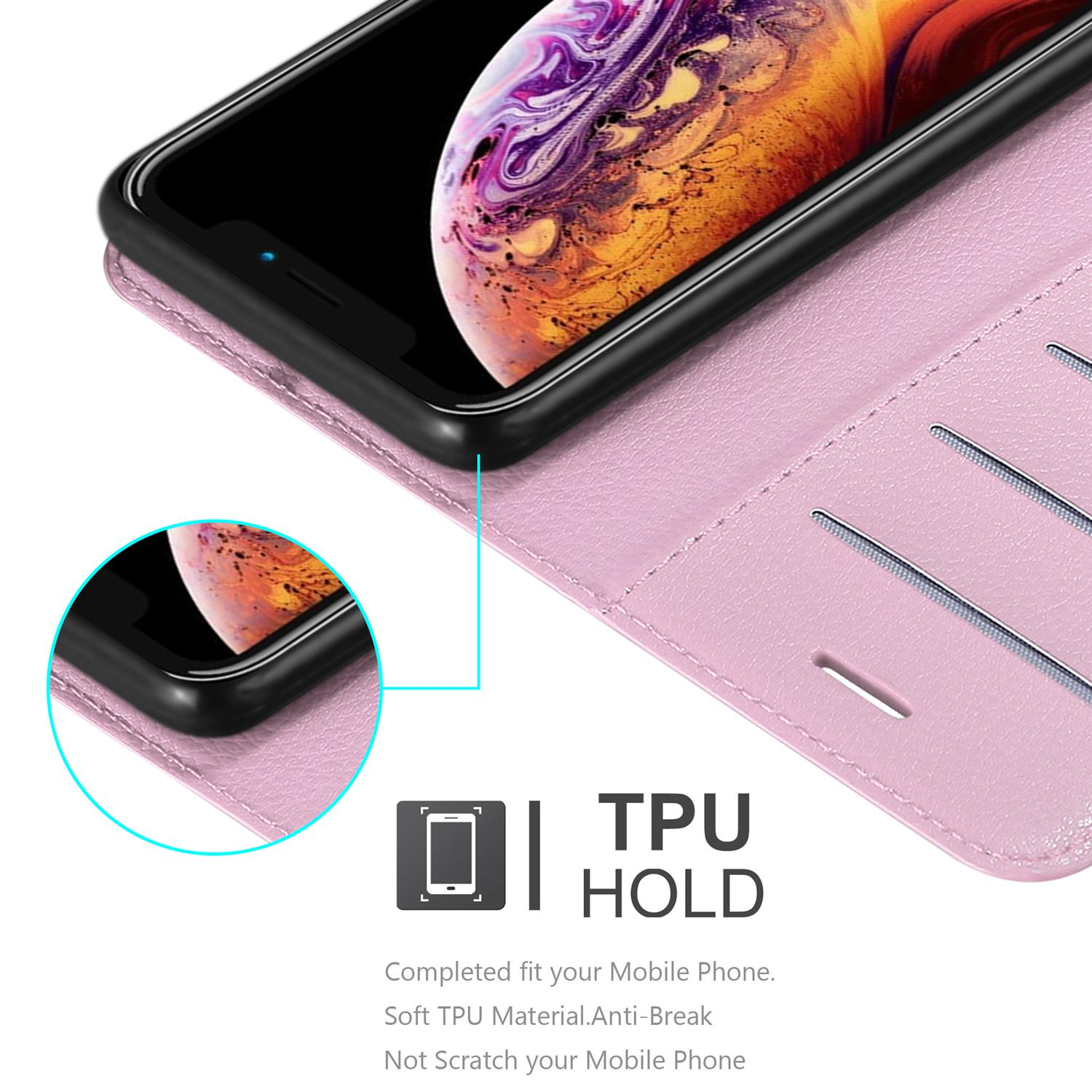Custodia rosa, aperta, con telefono all'interno. Testo: TPU HOLD.