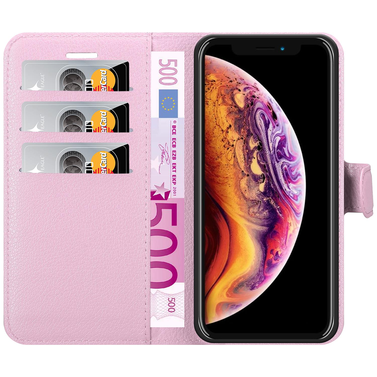 Custodia rosa per telefono aperta, con motivo colorato, banconote in euro e fessure per carte.