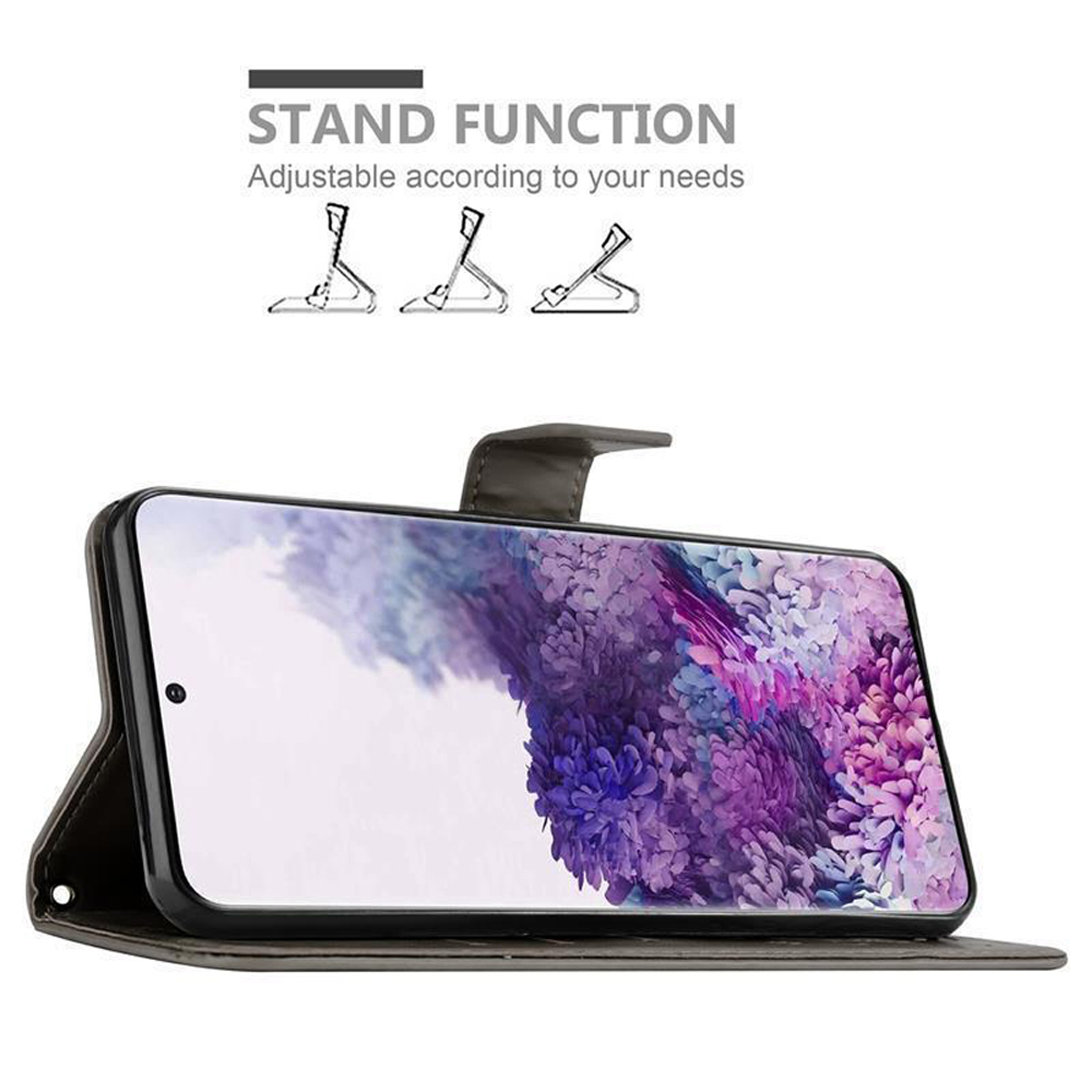 Telefon in einer Hülle, Standfunktion, mit abstrakter Kunst auf dem Bildschirm.