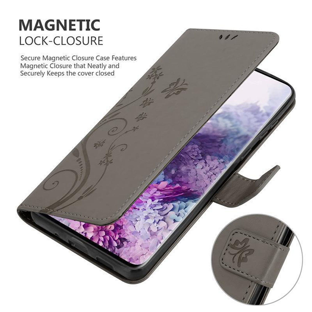 Geöffnete graue Handyhülle mit Telefon. Nahaufnahme des Verschlusses mit Blumendesign.