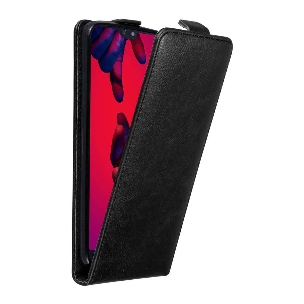 Funda de teléfono de cuero negro. Teléfono dentro. Una abierta, otra cerrada, con pantalla roja.