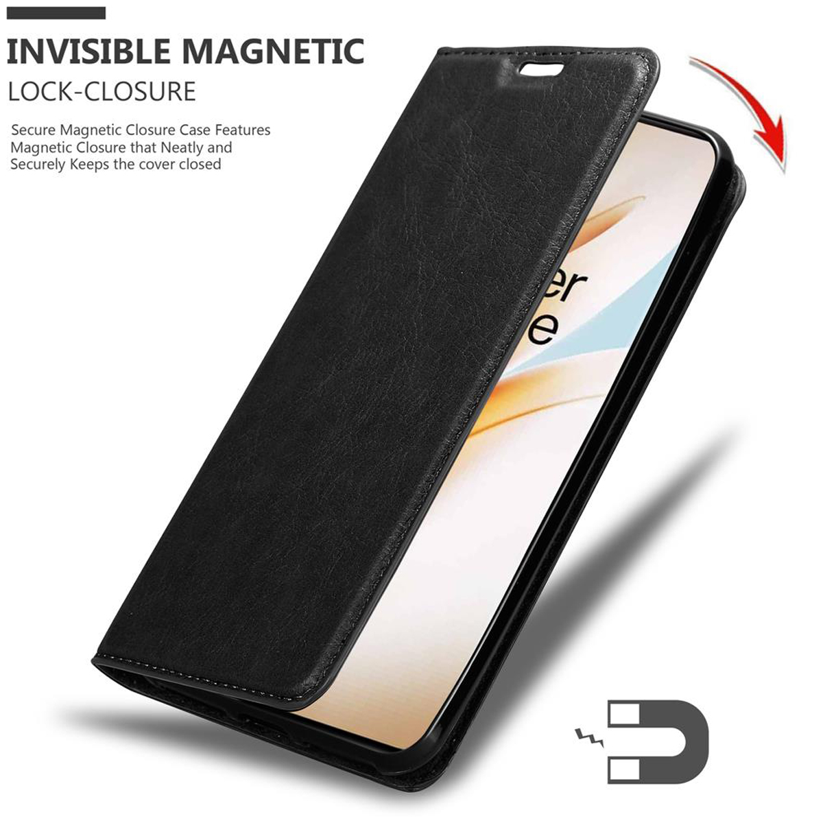 Schwarze Handyhülle offen, zeigt ein Telefon im Inneren. Verfügt über einen Magnetverschluss, Pfeil zeigt.