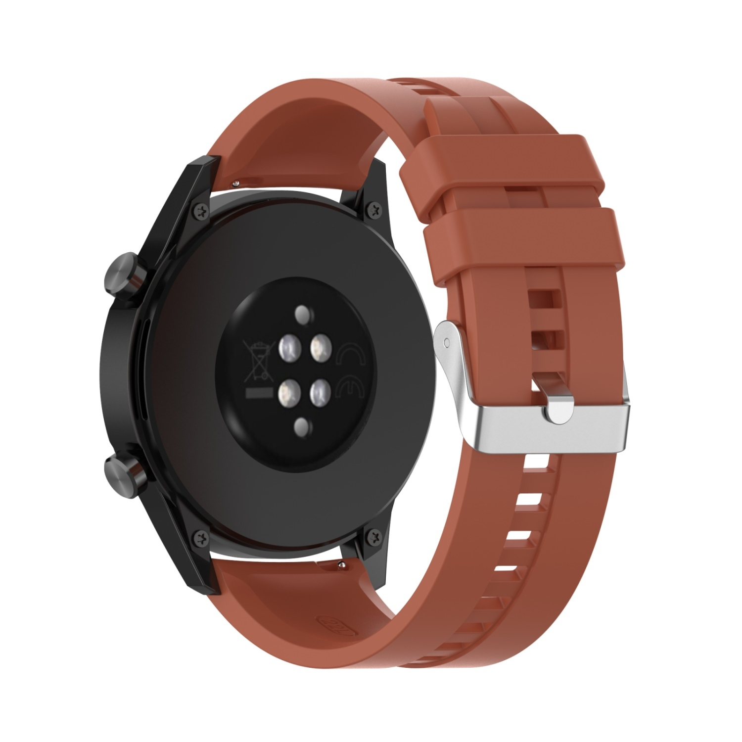 Eine Smartwatch mit braunem Armband und schwarzem Gehäuse.