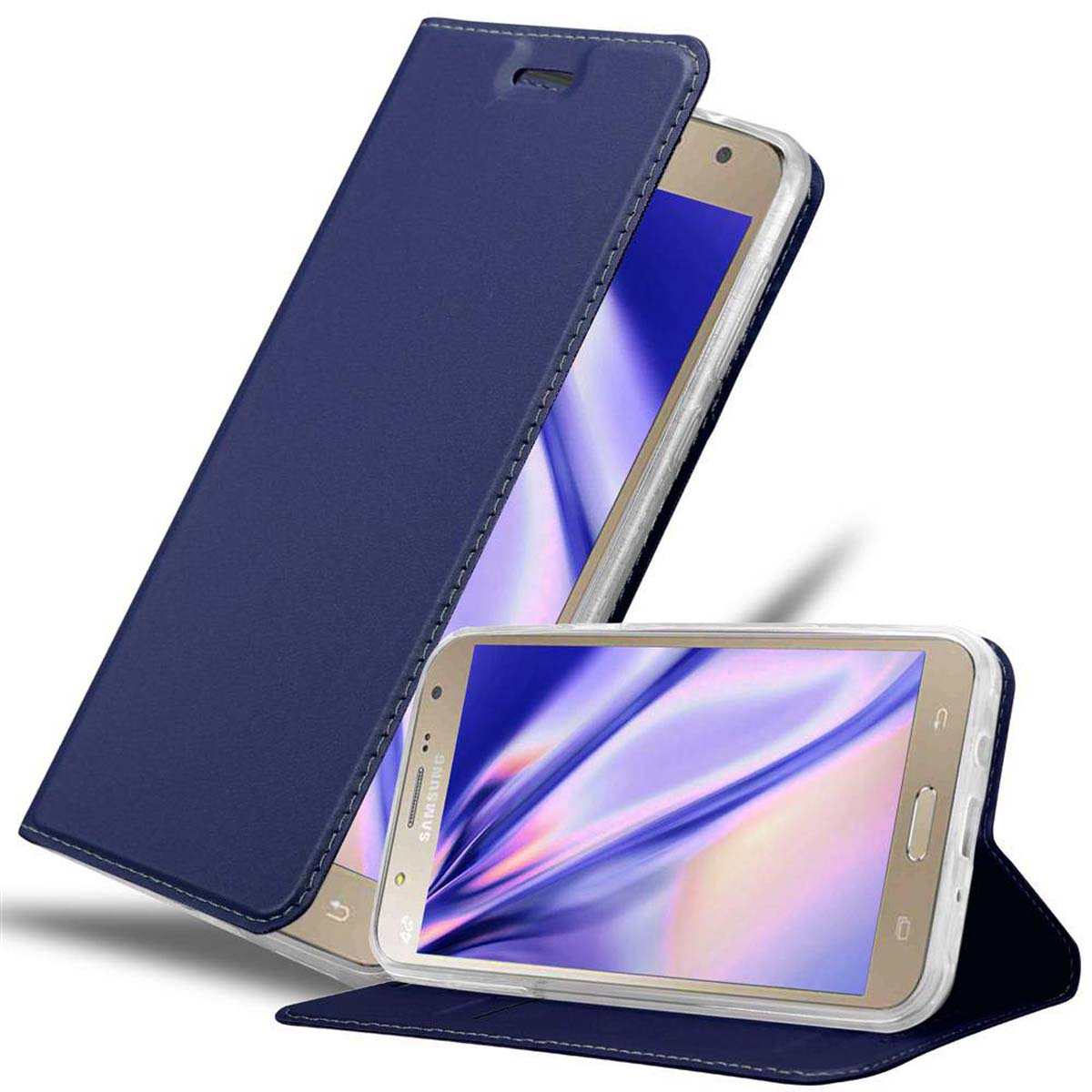 Funda azul para teléfono con teléfono. La funda está abierta, revelando la pantalla del teléfono.
