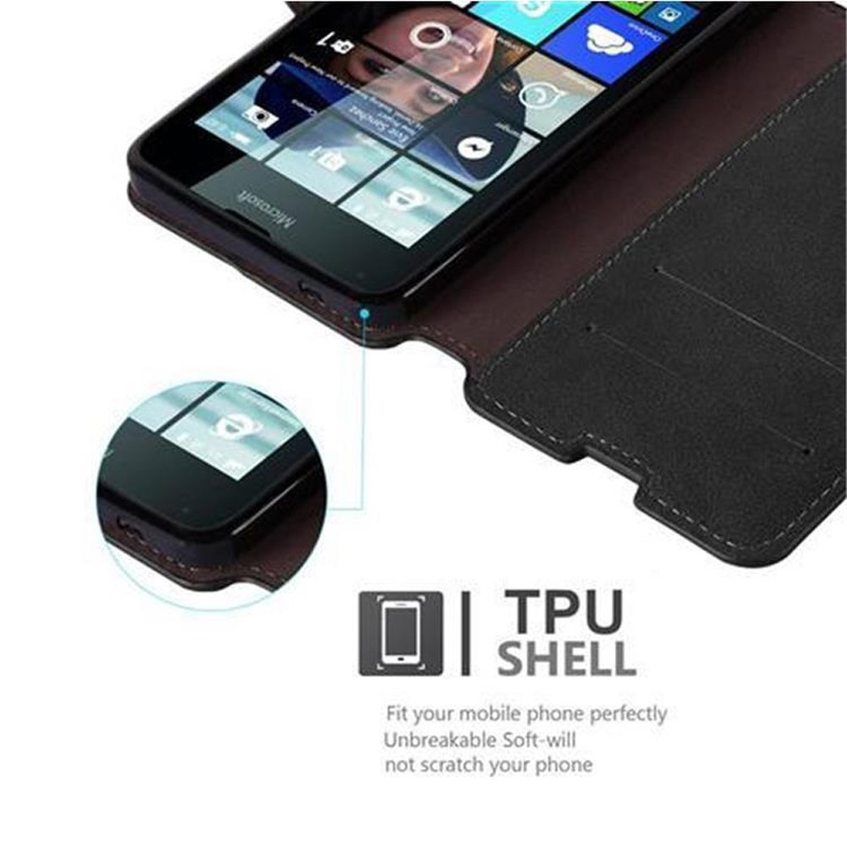 Telefono nero con guscio in TPU, aperto, che mostra il telefono.