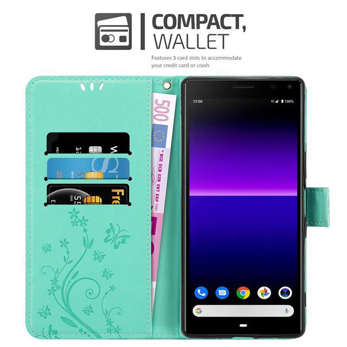 Una custodia a portafoglio per telefono verde acqua con un telefono, carte e denaro all'interno. Testo: COMPACT, WALLET.