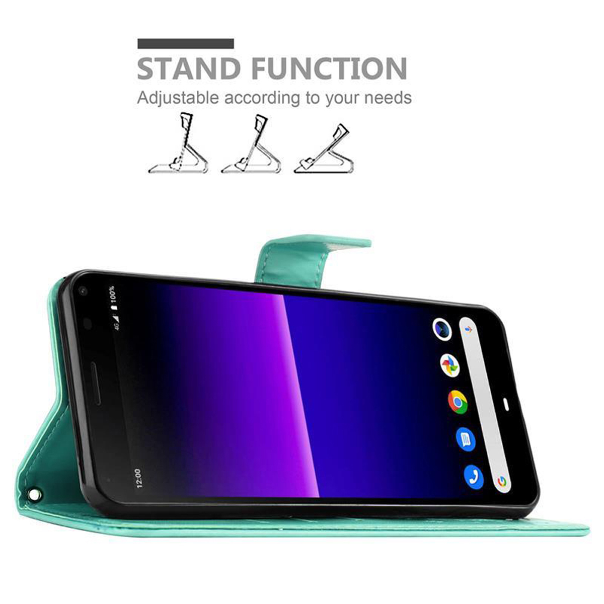 Una custodia per telefono verde acqua con sopra un telefono. Lo schermo del telefono è viola.