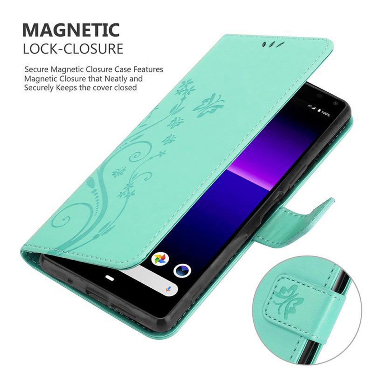 Una custodia per telefono color verde acqua con un design floreale. La custodia è aperta, con un telefono all'interno.