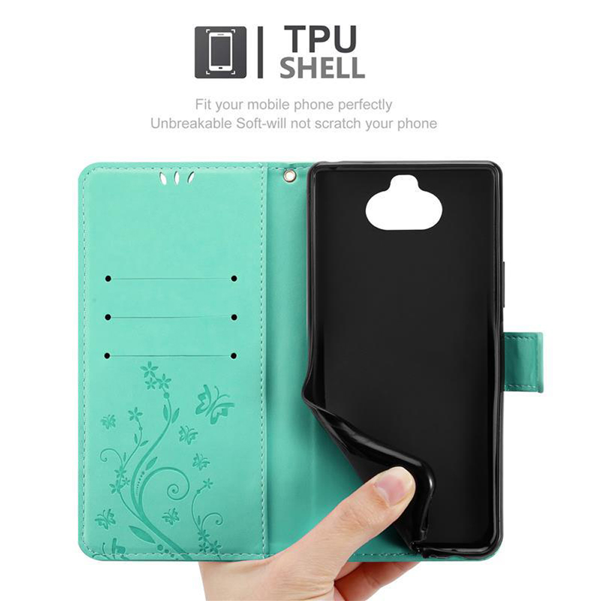 Telefono in una custodia a portafoglio verde, aperta. Il telefono è nero. La custodia ha un design floreale ed è tenuta da una mano.