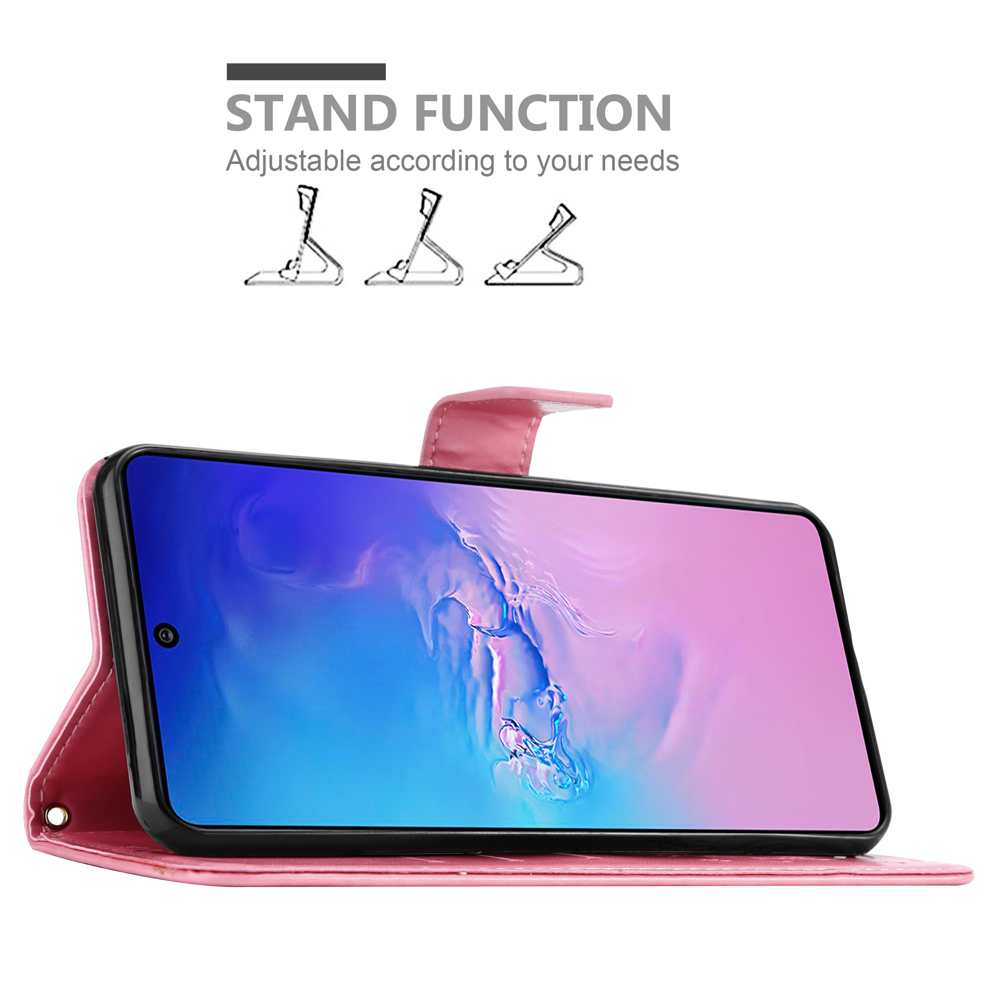 Custodia per telefono rosa, aperta, in piedi. Il telefono è all'interno. Grafico che mostra diverse posizioni di supporto.