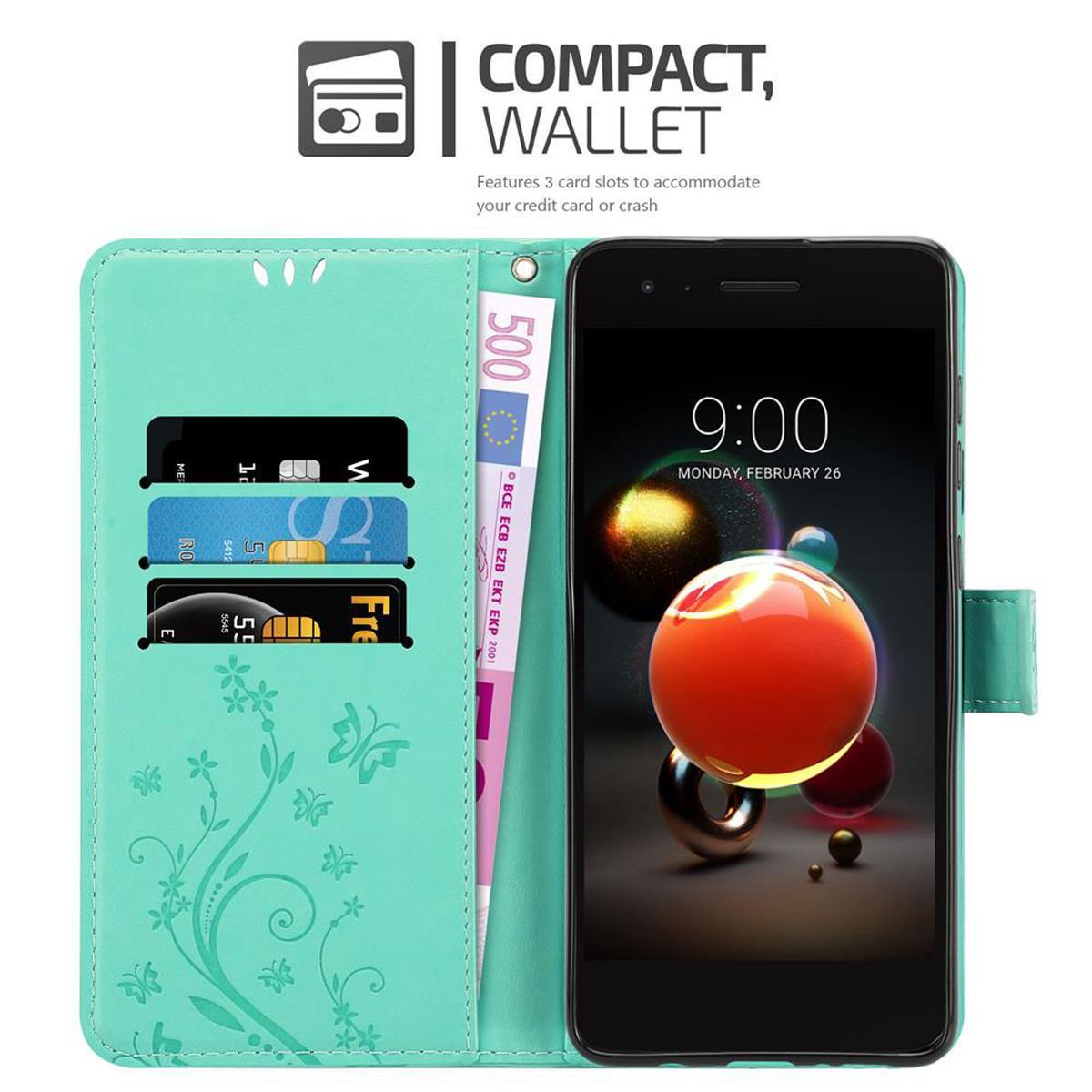 Una custodia a portafoglio per telefono verde acqua con un telefono, carte e denaro all'interno. Testo: COMPACT, WALLET.