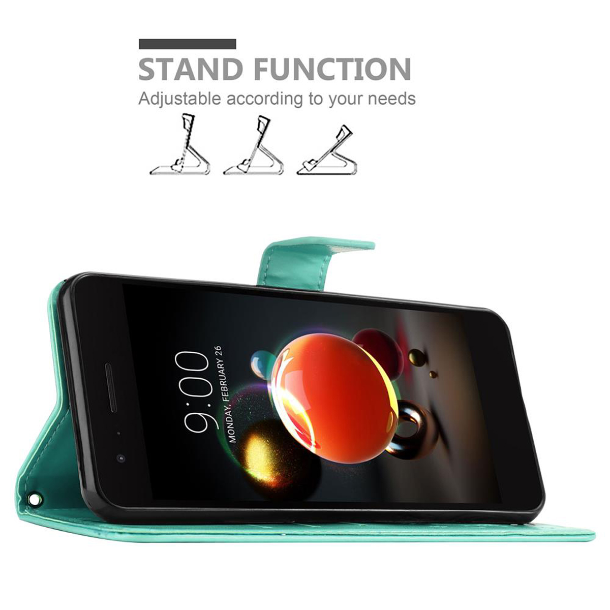 Custodia per telefono verde acqua con telefono all'interno, che mostra l'ora. Funzione supporto mostrata.