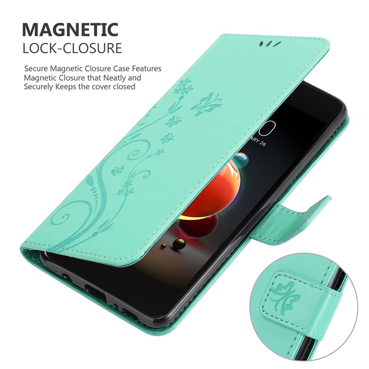 Custodia per telefono verde menta aperta, che rivela un telefono. Design floreale sulla cover. Chiusura magnetica.