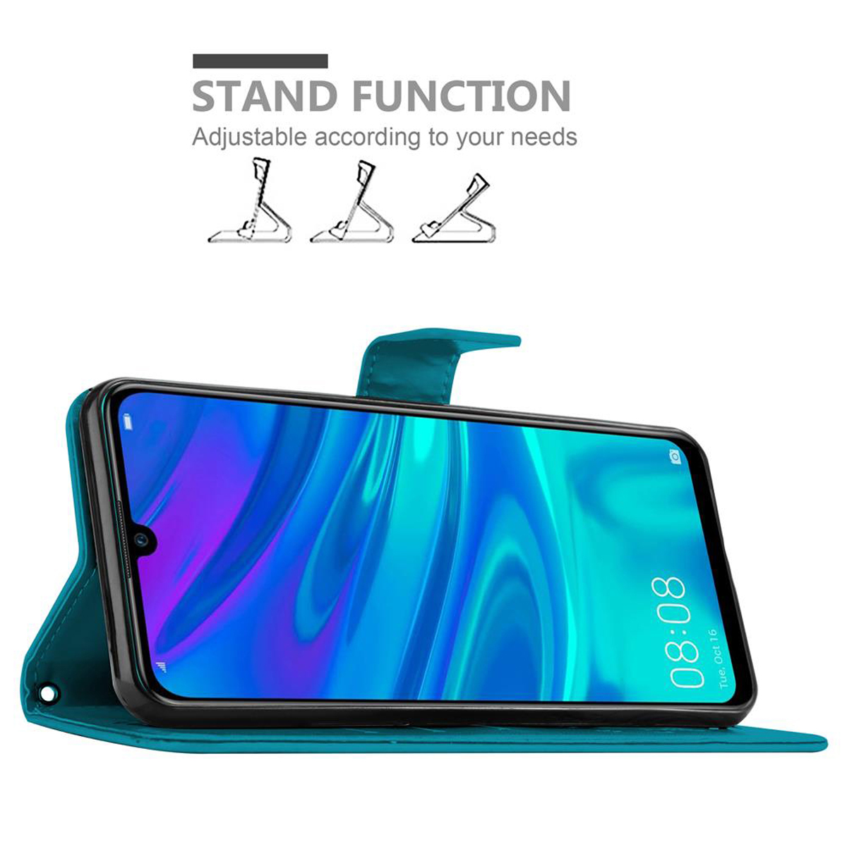 Una custodia per telefono turchese con un telefono che mostra uno schermo blu. Icone della funzione stand sopra.