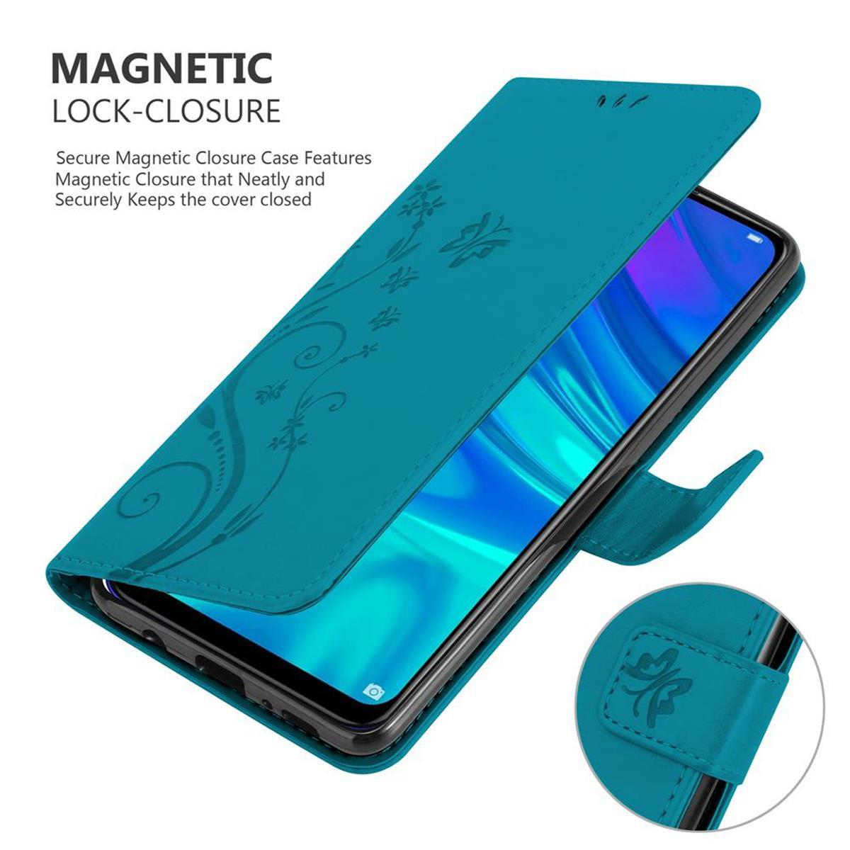 Una custodia per telefono turchese con motivo floreale, aperta per rivelare un telefono. Il testo indica la chiusura magnetica.