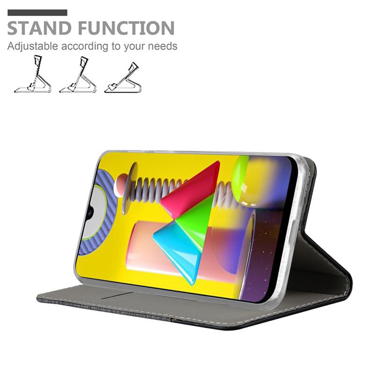 Telefono in una custodia con funzione stand. Lo schermo mostra arte astratta colorata.