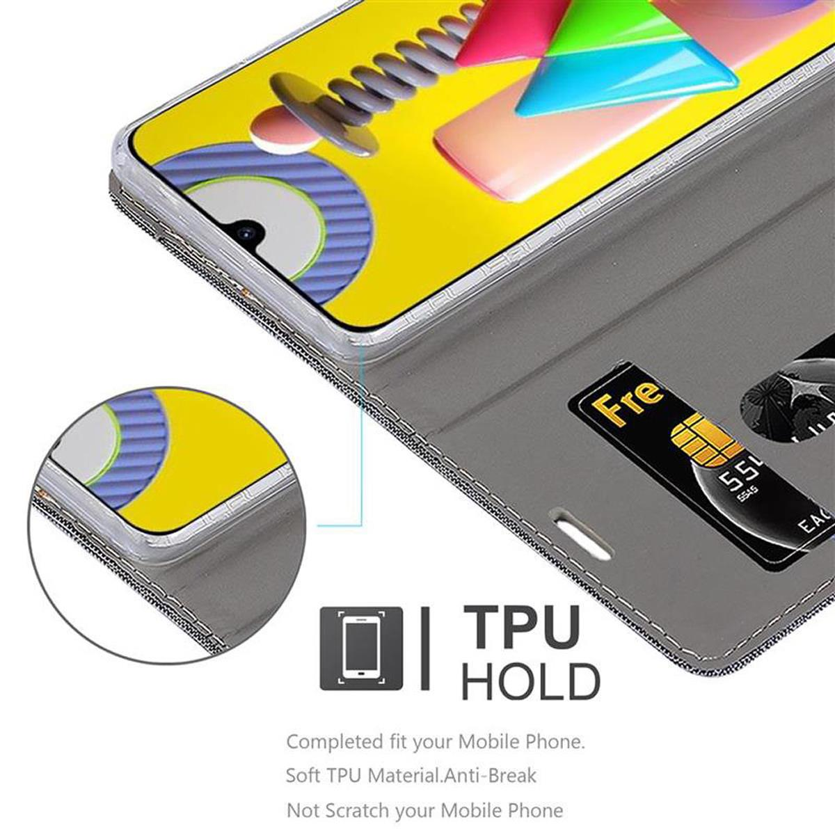 Custodia per telefono grigia aperta con un telefono. All'interno mostra i dettagli della carta e della presa TPU. L'adattamento completo è menzionato.