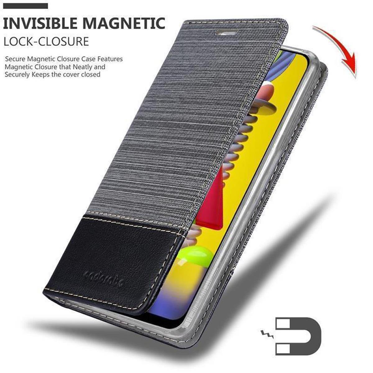 Una custodia per telefono con chiusura magnetica è aperta, rivelando un telefono. Viene mostrato un simbolo di magnete.
