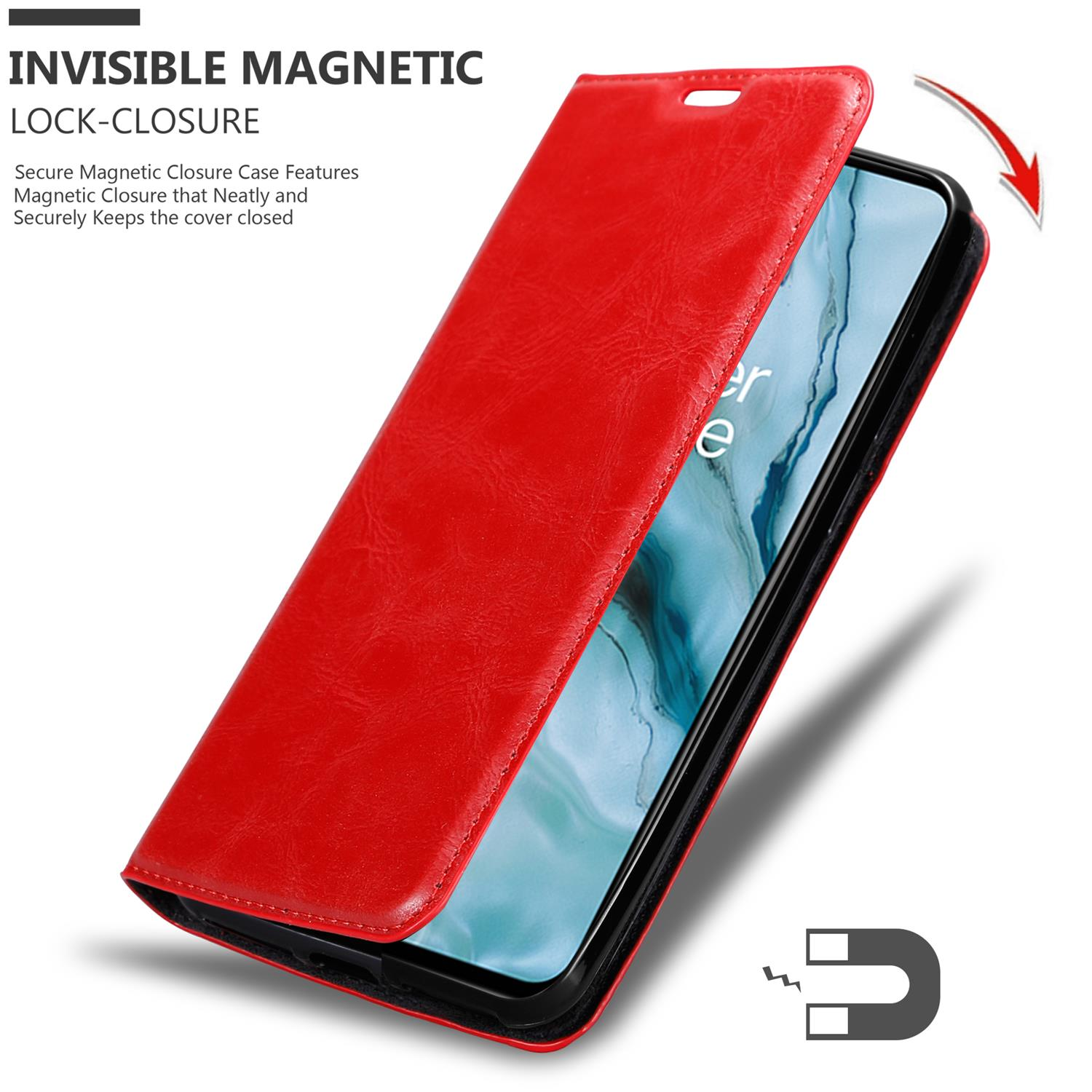 CADORABO Book Hülle Invisible Magnet, APFEL Bookcover, Nord, OnePlus, ROT