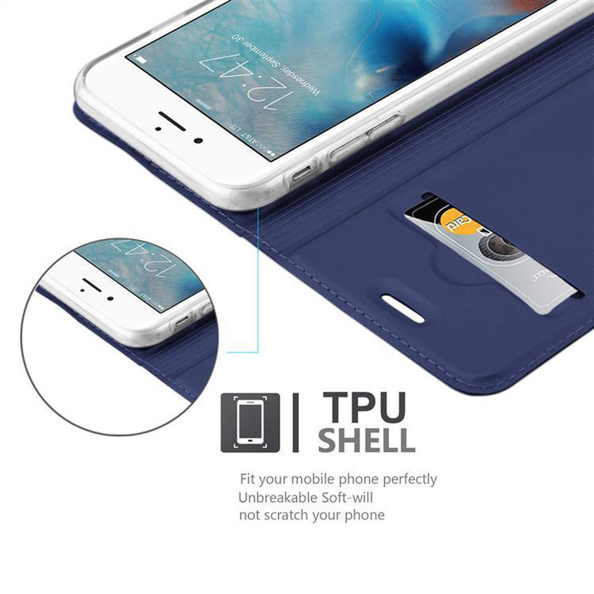 Telefono bianco in una custodia blu. Una carta è in uno slot.