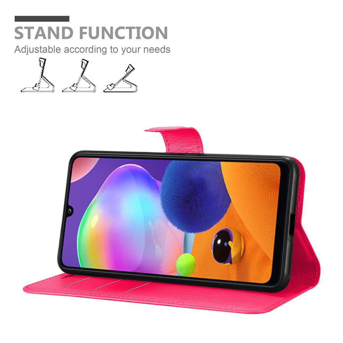 Custodia per telefono rosa aperta con telefono. Lo schermo mostra un personaggio dei cartoni animati colorato.