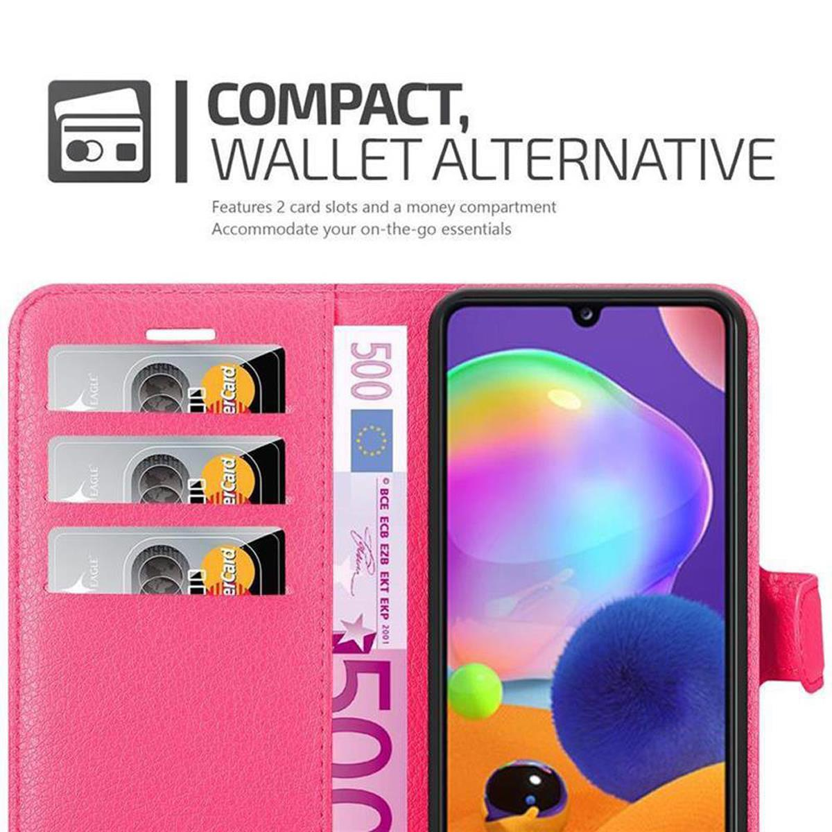 Custodia rosa per telefono con fessure per carte e scomparto per soldi. Il testo 'Compact, Wallet Alternative' viene visualizzato.