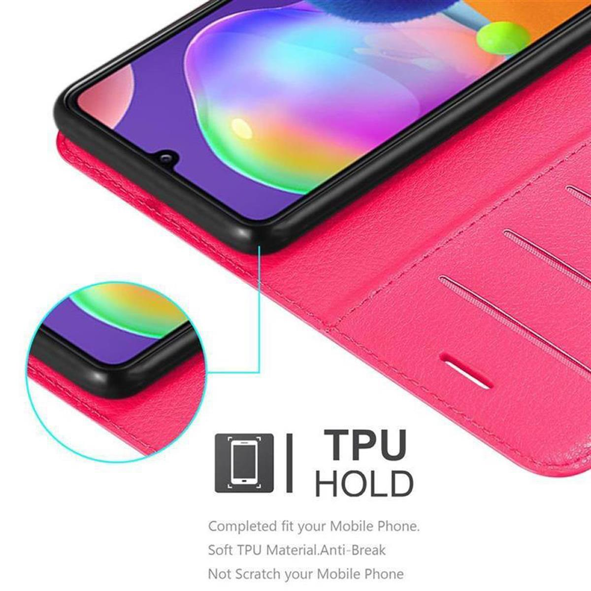 Custodia per telefono rosa con un telefono all'interno. La custodia è aperta.