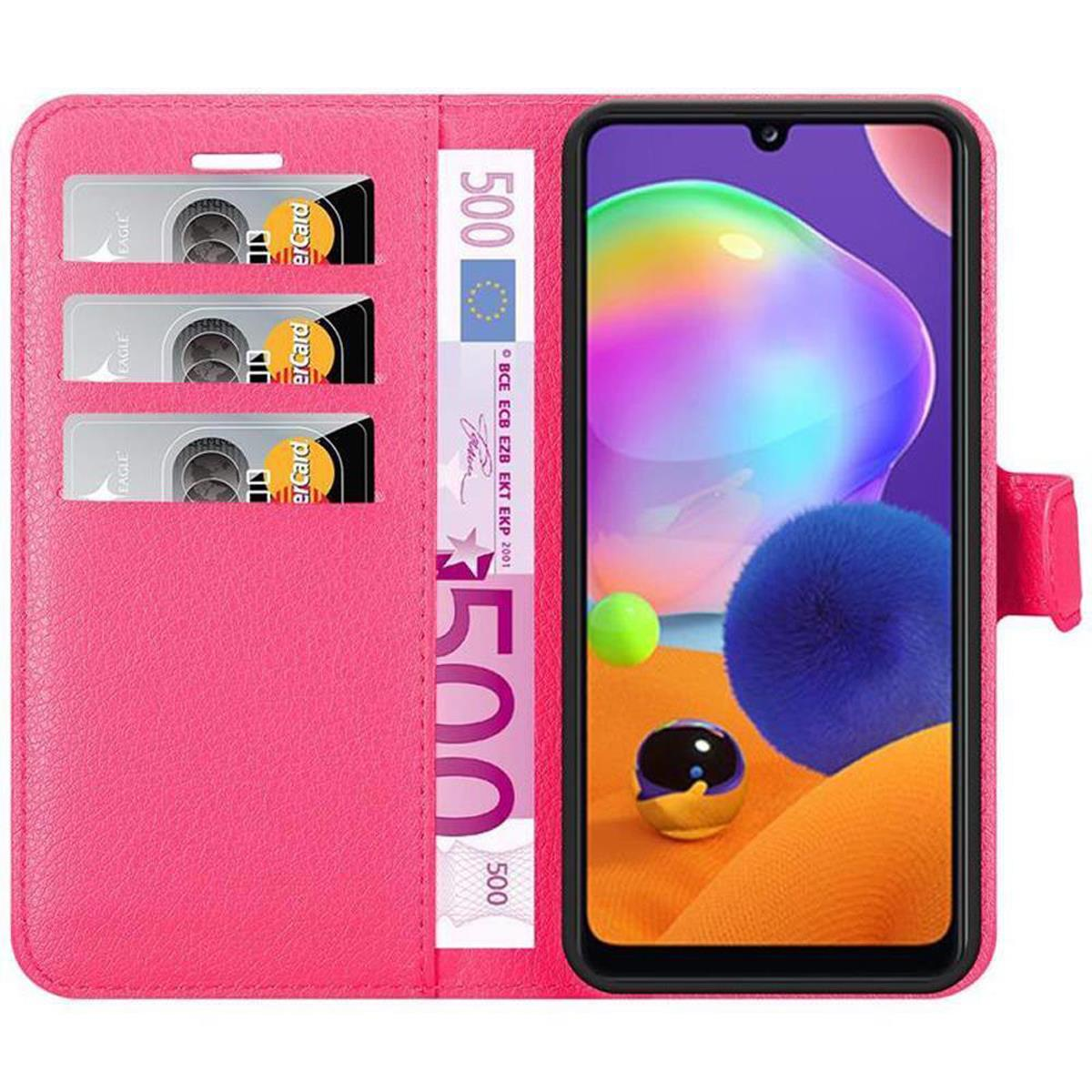 Custodia rosa per telefono con carte, banconote in euro e telefono che mostra un'immagine colorata.