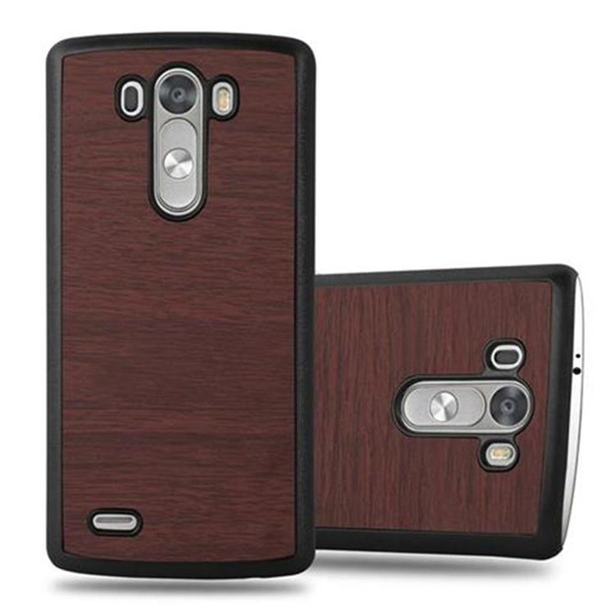 Dos fundas para teléfono con diseño de vetas de madera. Una funda está cerrada y la otra abierta, mostrando la parte trasera del teléfono.
