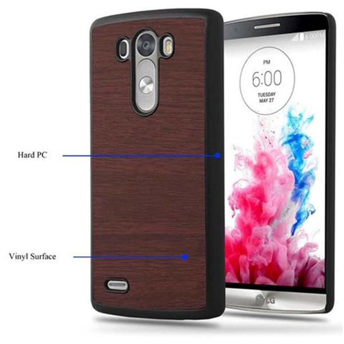 Funda de teléfono con diseño de vetas de madera y un smartphone mostrando la hora. Se indica PC duro y superficie de vinilo.