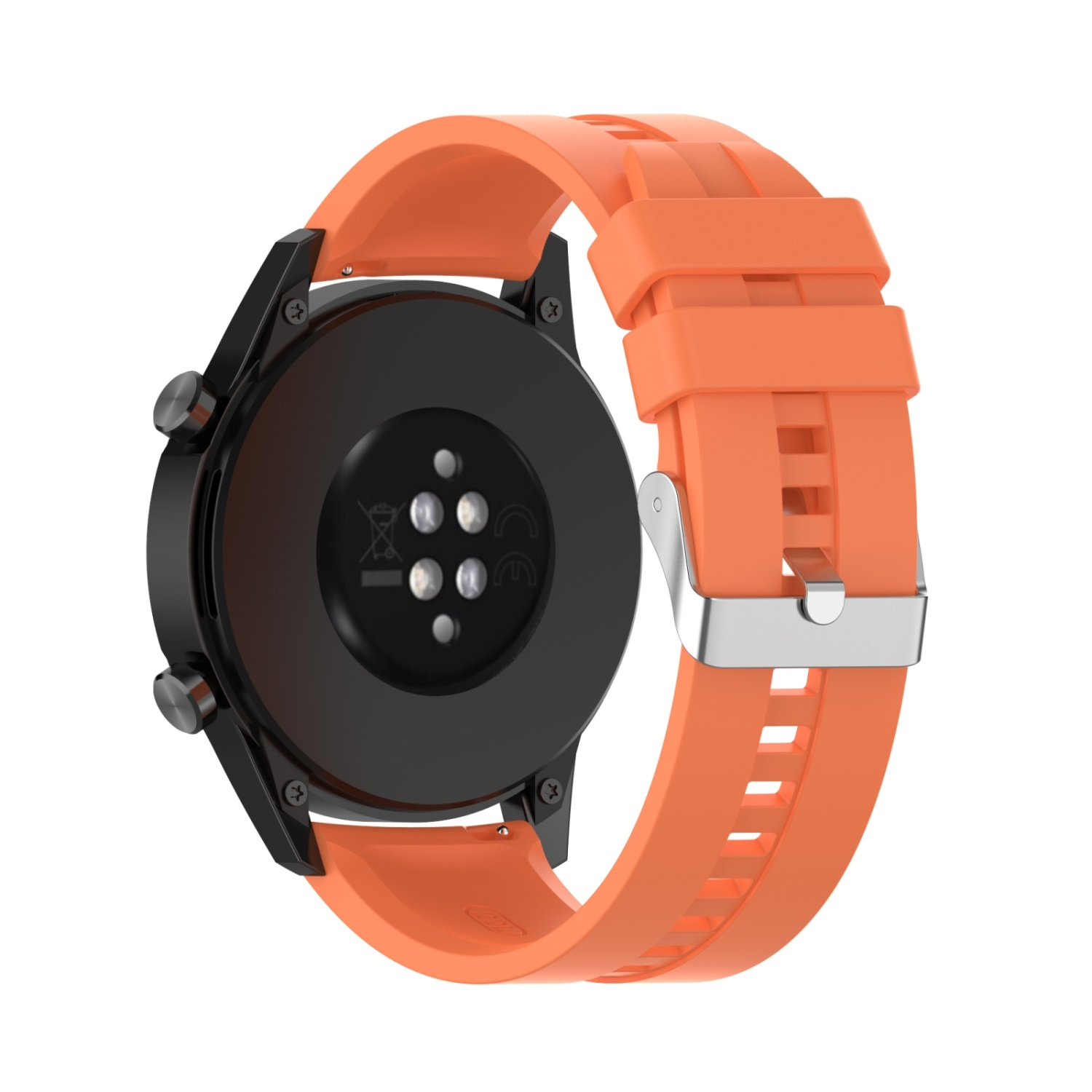Eine schwarze Smartwatch mit orangefarbenem Armband wird gezeigt. Die Rückseite der Uhr ist sichtbar.