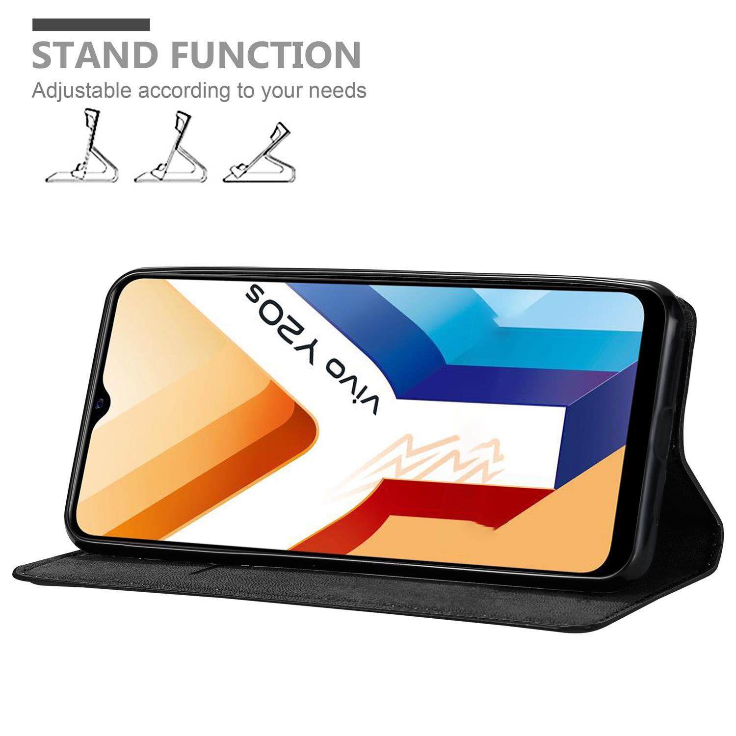 Telefono in custodia nera, che mostra lo schermo. Testo: Funzione stand, regolabile. Custodia aperta, in posizione stand.